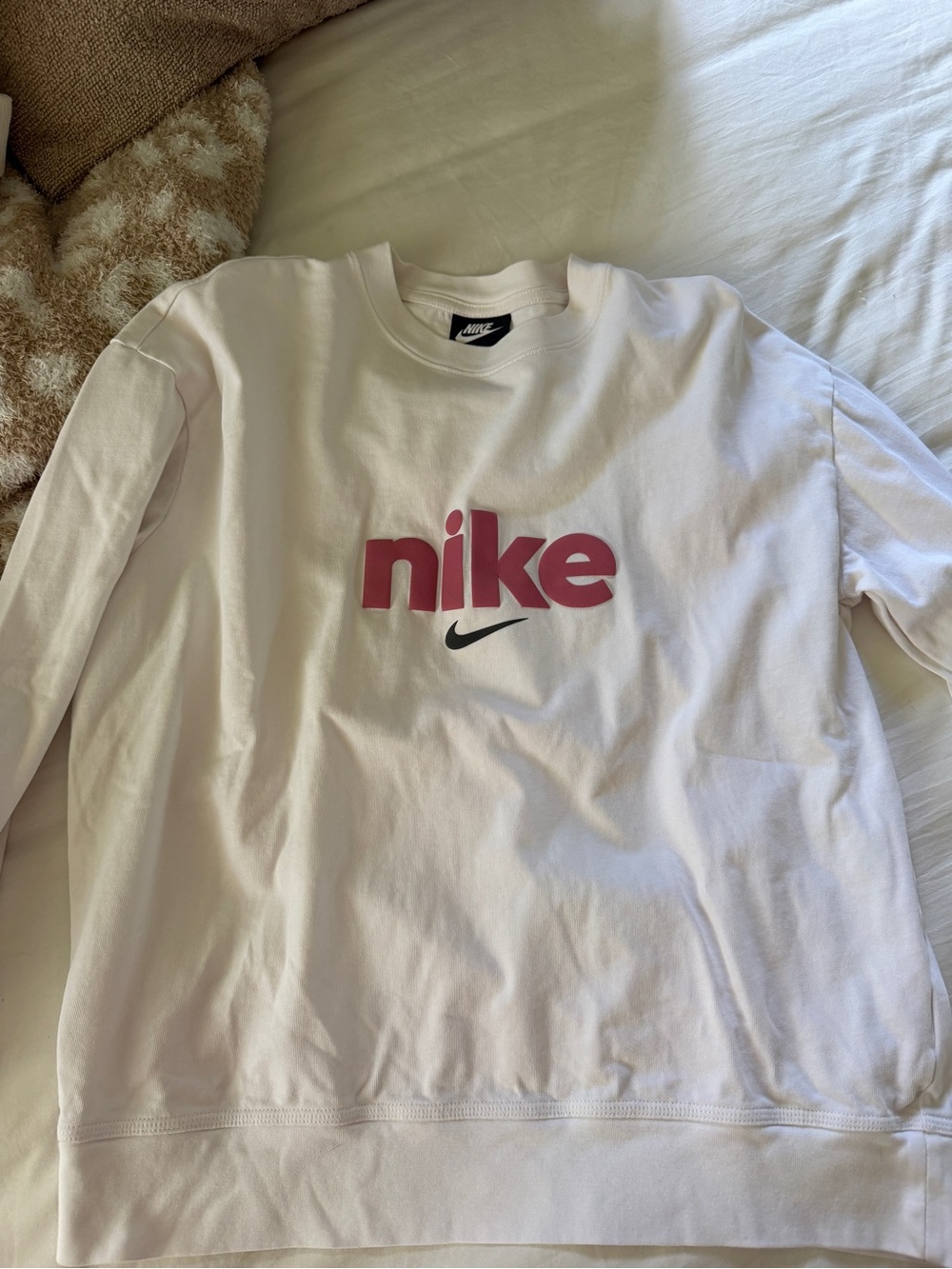 Nike White Sweatshirt with Pink Logo and Black Swoosh